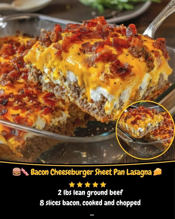 Delicious Bacon Cheeseburger Lasagna on a sheet pan, garnished and ready to serve.