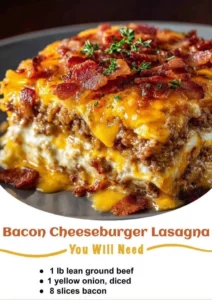 Delicious bacon cheeseburger lasagna baked in a sheet pan