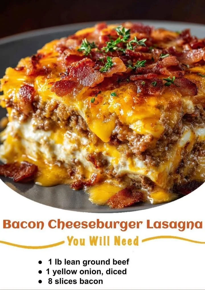Delicious bacon cheeseburger lasagna baked in a sheet pan