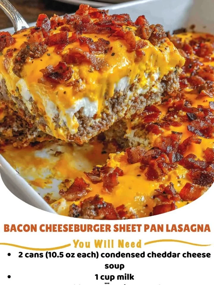 Delicious bacon cheeseburger lasagna on a sheet pan ready to serve.