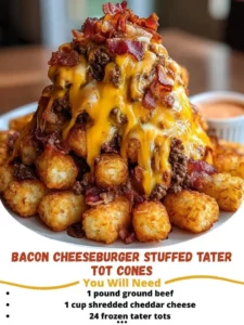 Bacon cheeseburger stuffed tater tot cones served on a wooden platter.