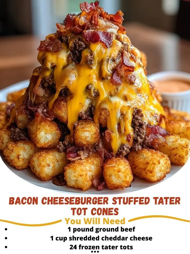 Bacon cheeseburger stuffed tater tot cones served on a wooden platter.