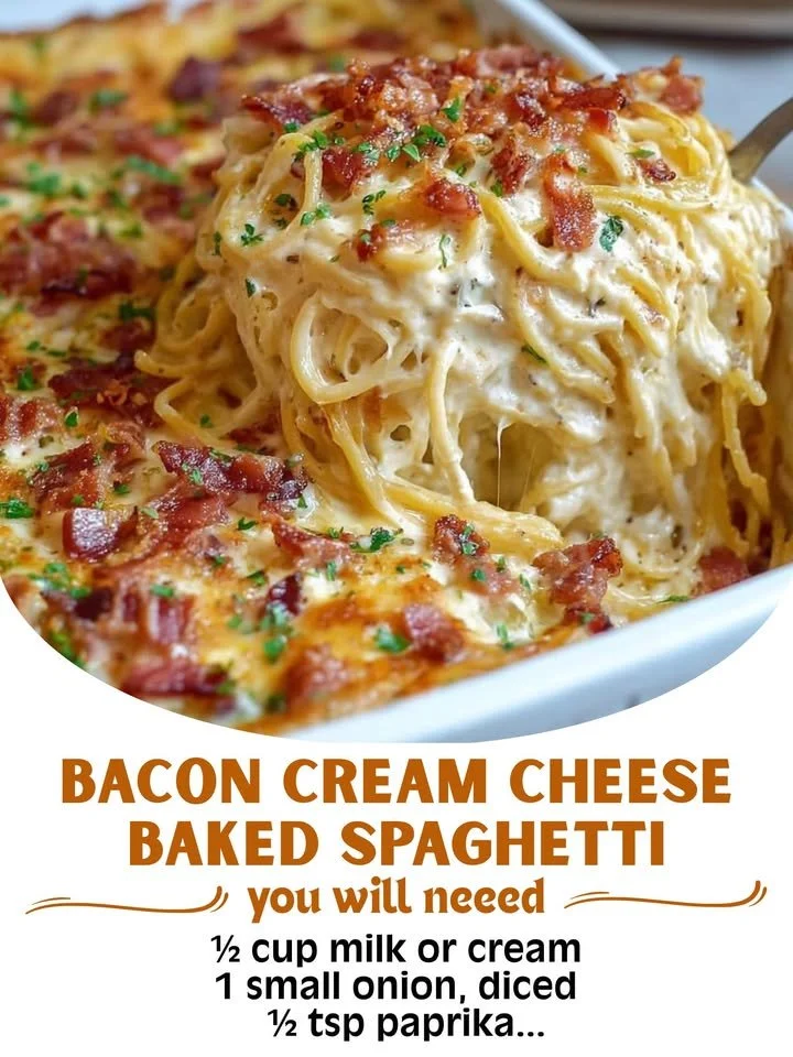 Delicious bacon cream cheese baked spaghetti served in a dish