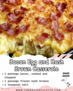 Bacon Egg Casserole topped with crispy hash browns, served on a plate.