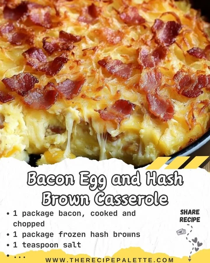 Bacon egg and hash brown casserole baked for a hearty breakfast meal
