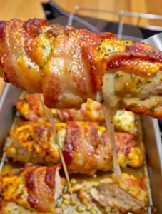 Bacon Garlic Parmesan Chicken garnished with herbs on a white plate