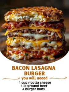 Bacon Lasagna Burger topped with cheese and crispy bacon on a plate