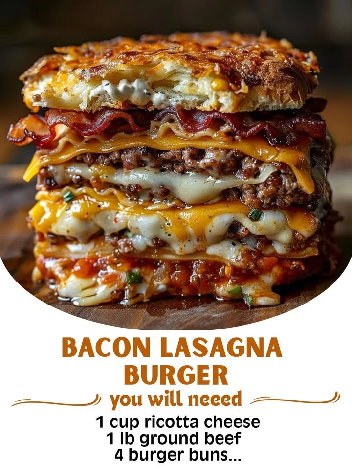 Bacon Lasagna Burger topped with cheese and crispy bacon on a plate