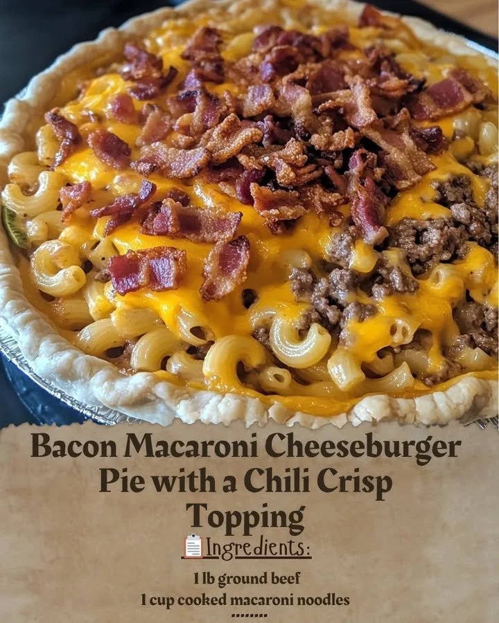 Delicious Bacon Macaroni Cheeseburger Pie topped with Chili Crisp