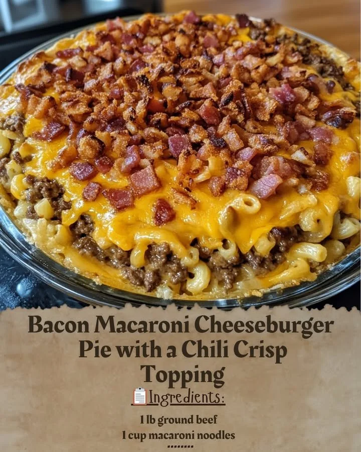Delicious Bacon Macaroni Cheeseburger Pie with chili crisp topping