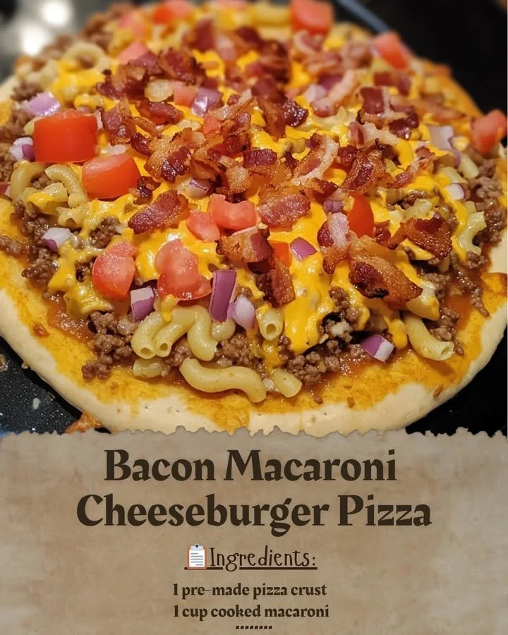 Delicious Bacon Macaroni Cheeseburger Pizza topped with cheese and bacon