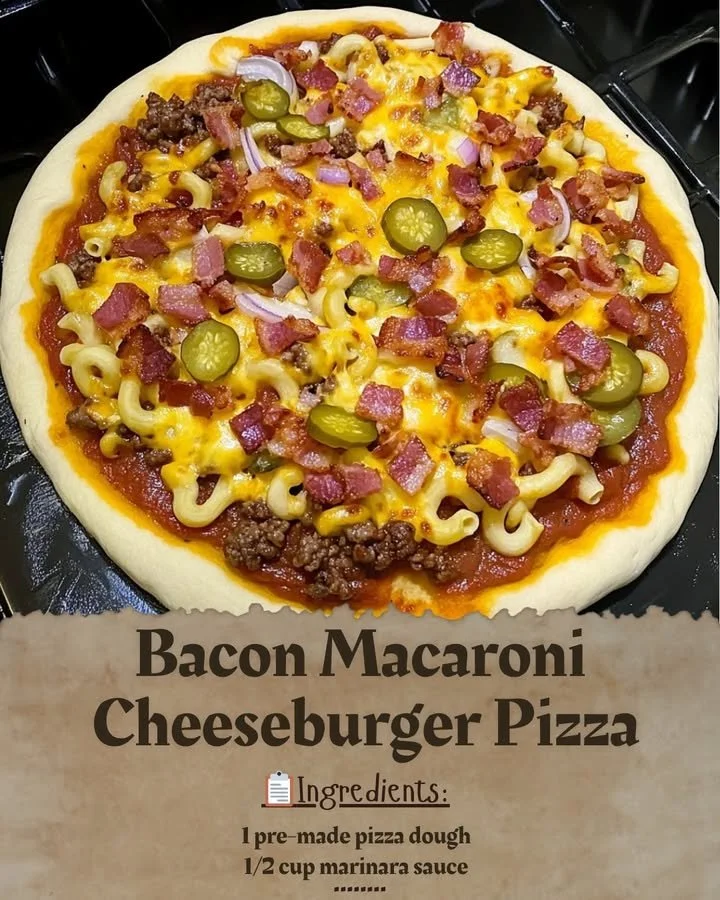 Delicious Bacon Macaroni Cheeseburger Pizza with toppings