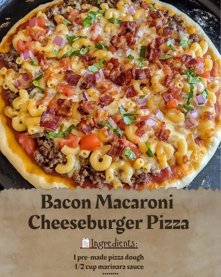Delicious Bacon Macaroni Cheeseburger Pizza topped with melted cheese and crispy bacon.