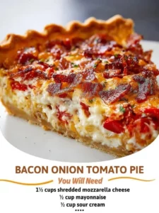 Delicious Bacon Onion Tomato Pie served on a rustic wooden table
