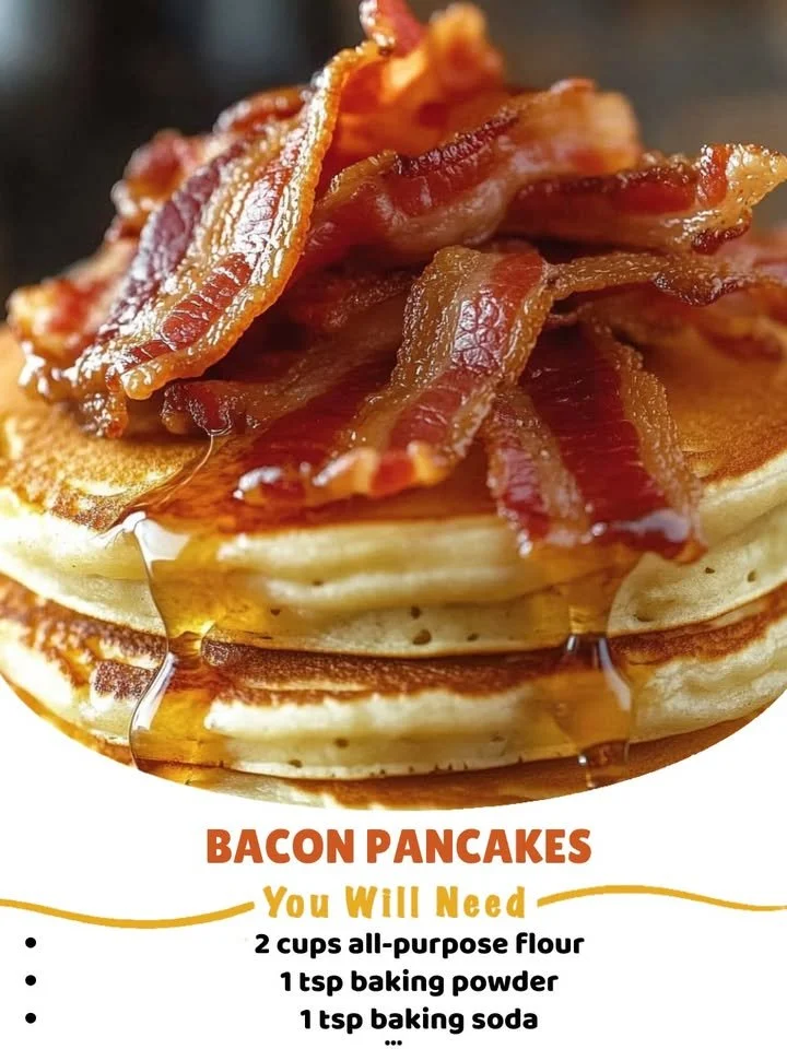 A stack of bacon pancakes topped with syrup and crispy bacon.