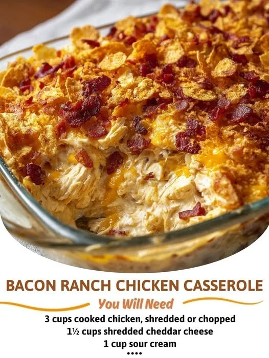 Delicious Bacon Ranch Chicken Casserole with crispy bacon and ranch dressing