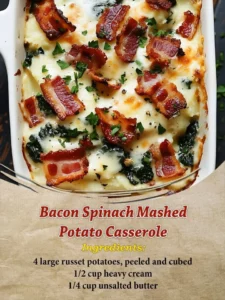 Bacon Spinach Mashed Potato Casserole served in a baking dish