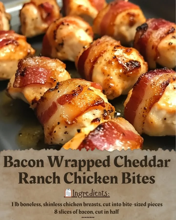 Bacon Wrapped Cheddar Ranch Chicken Bites served on a platter