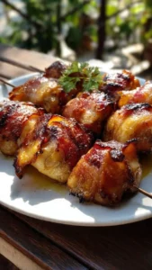 Delicious bacon wrapped chicken bites served on a platter