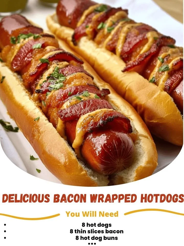 Delicious bacon-wrapped hot dogs on a plate, ready to serve.