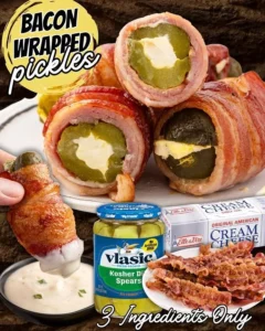 Delicious bacon wrapped pickles, a unique appetizer perfect for parties.
