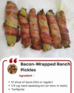 Bacon-wrapped pickles drizzled with ranch dressing on a serving platter