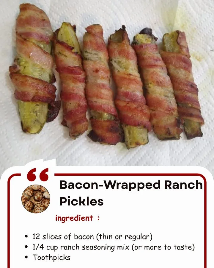 Bacon-wrapped pickles drizzled with ranch dressing on a serving platter