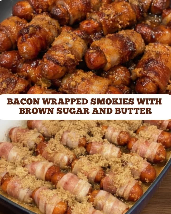 Bacon wrapped smokies glazed with brown sugar and butter on a serving platter