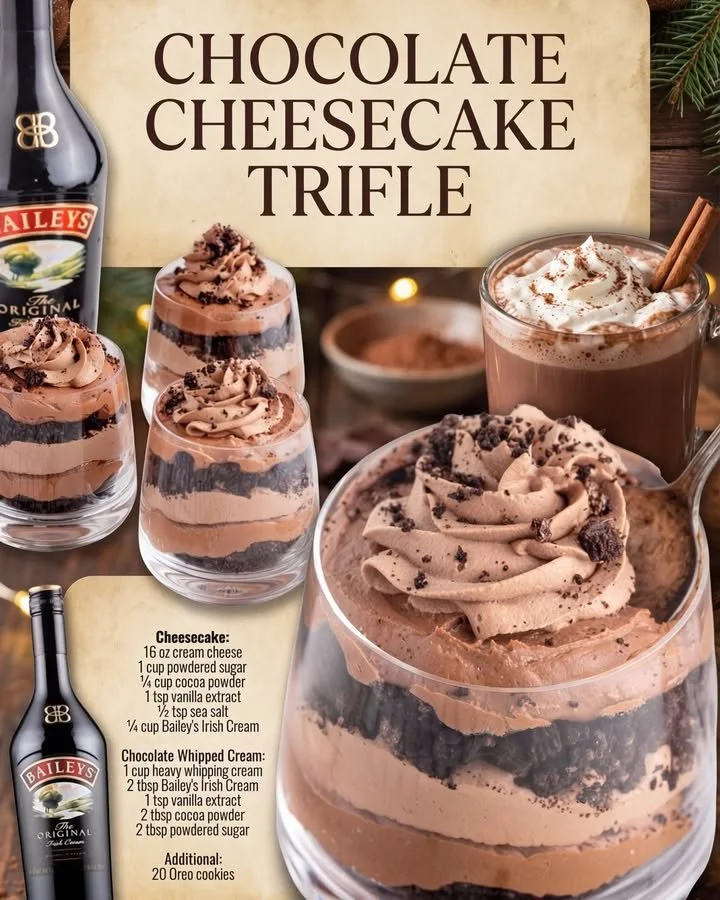Baileys Chocolate Cheesecake Trifle dessert with layers of chocolate and creamy cheesecake