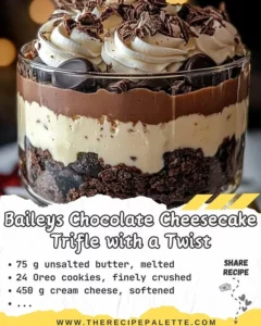 Baileys Chocolate Cheesecake Trifle layered with chocolate, cream, and cheesecake