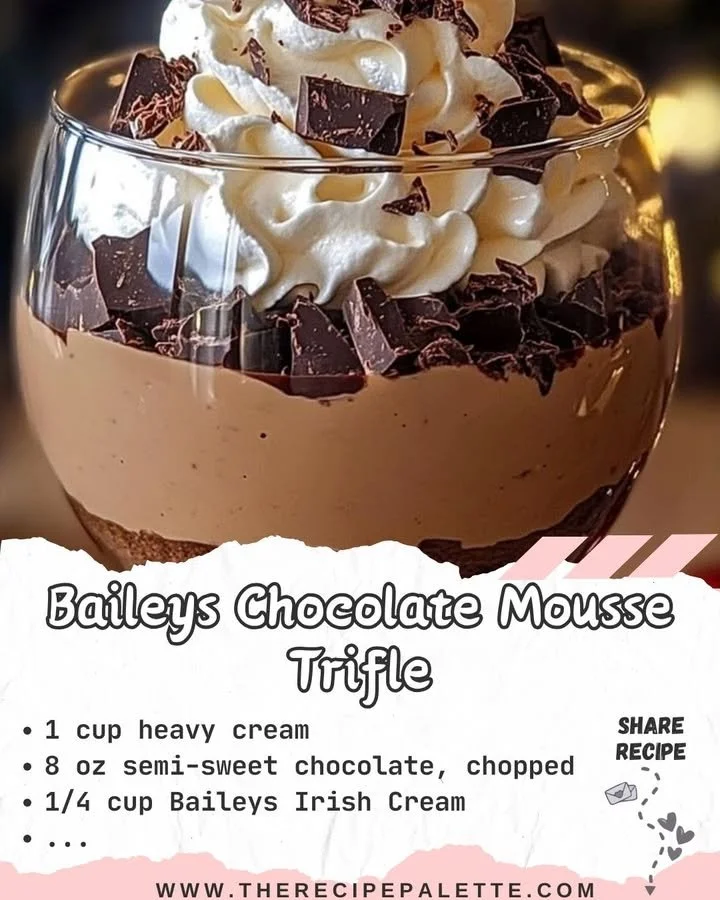 Luxurious Baileys chocolate mousse trifle in a glass dessert dish.