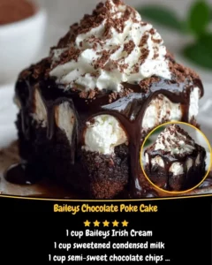 Delicious Baileys Chocolate Poke Cake topped with creamy chocolate frosting