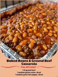 Delicious baked beans casserole with ground beef topped with melted cheese