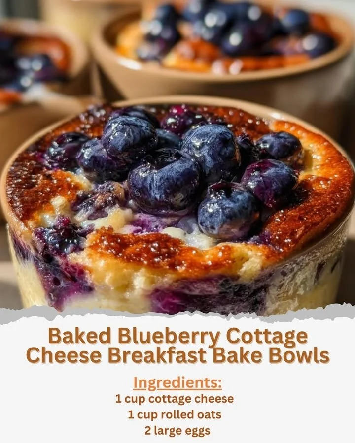 Baked blueberry cottage cheese breakfast bake bowls topped with fresh blueberries