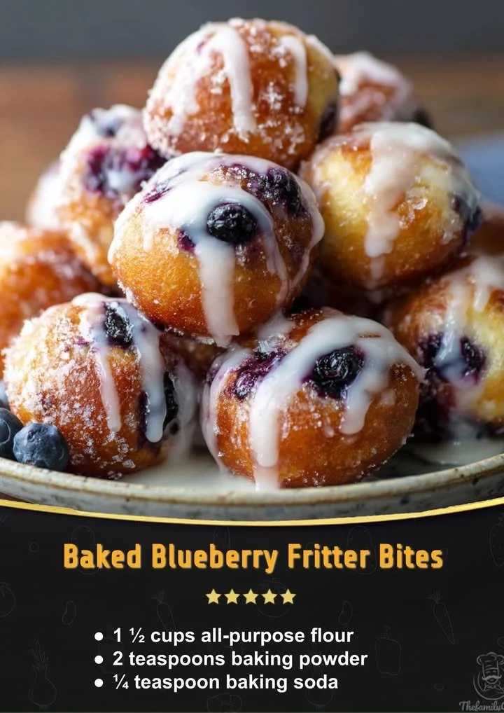 Baked blueberry fritter bites topped with glaze and fresh blueberries