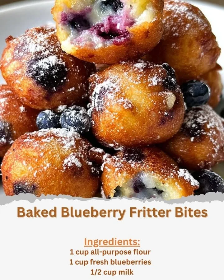Baked blueberry fritter bites topped with icing on a white plate
