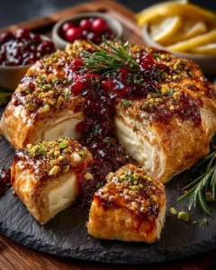 Baked Brie in crust topped with cranberry-orange compote and pistachio crust
