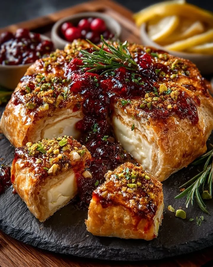 Baked Brie in crust topped with cranberry-orange compote and pistachio crust