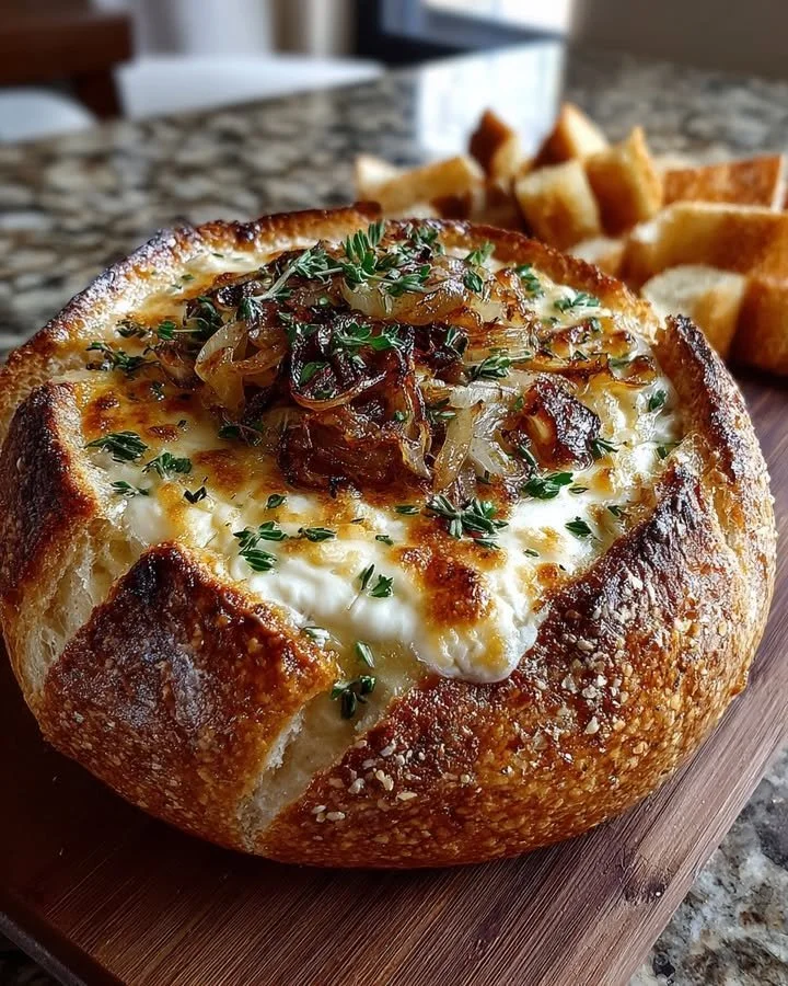 Baked Camembert Bread Bowl topped with Caramelized Onion and Thyme.