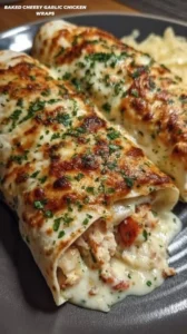 Baked cheesy garlic chicken wraps with fresh ingredients and melted cheese.