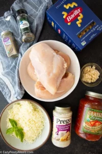 Baked Chicken Alfredo Rotini served with creamy sauce and grilled chicken pieces