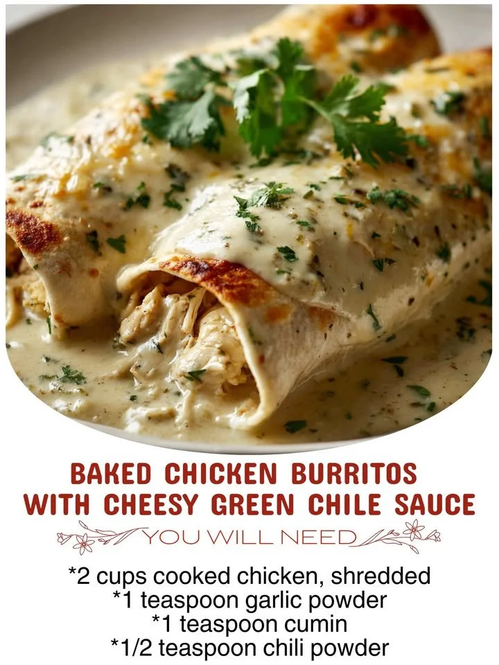 Baked chicken burritos topped with cheesy green chile sauce on a plate