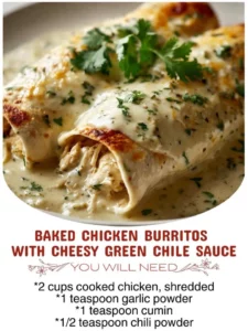 Baked chicken burritos with cheesy green chile sauce on a plate