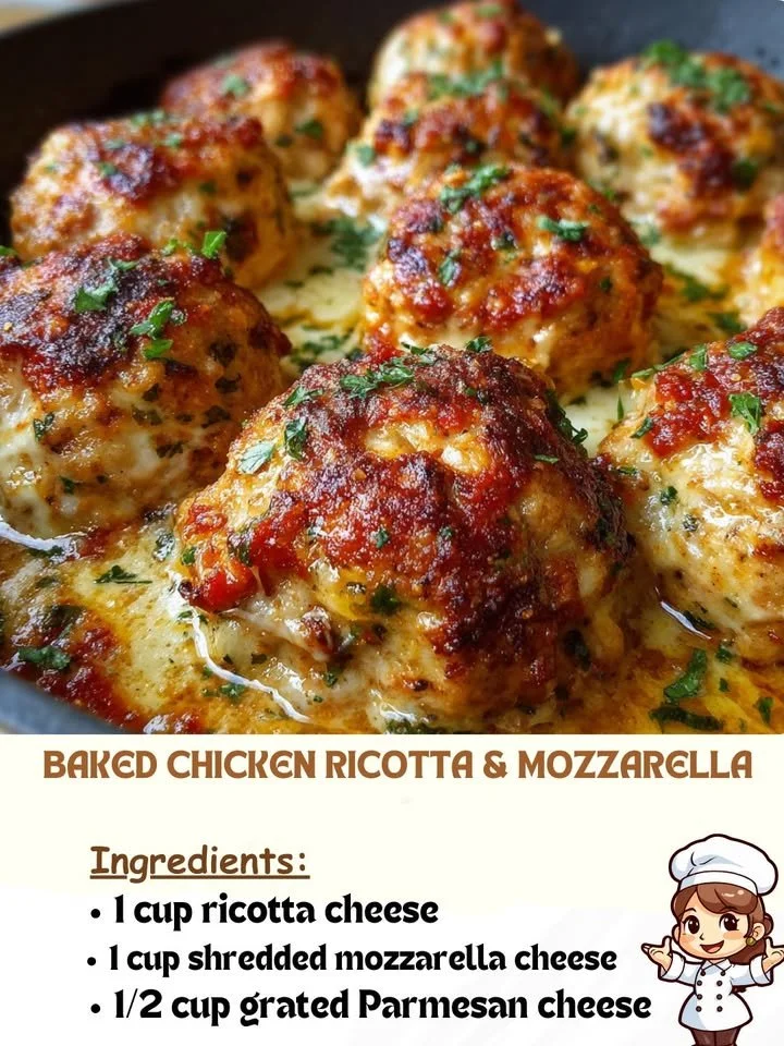 Baked Chicken Ricotta and Mozzarella topped with herbs and golden cheese