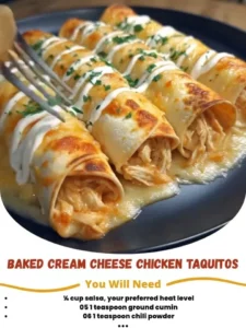 Baked cream cheese chicken taquitos served with dipping sauce
