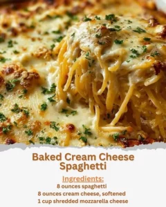 Baked cream cheese spaghetti casserole topped with cheese and herbs