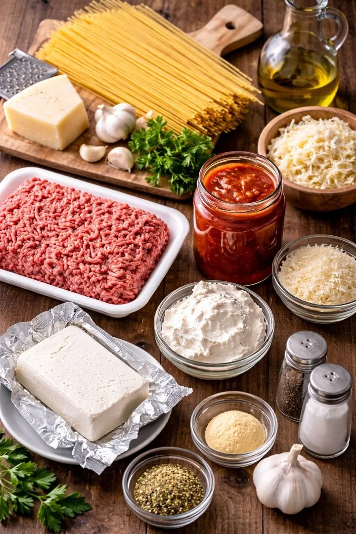 Baked cream cheese spaghetti topped with cheese and herbs in a casserole dish.