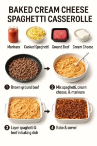 Baked cream cheese spaghetti casserole topped with cheese and herbs, ready to serve.