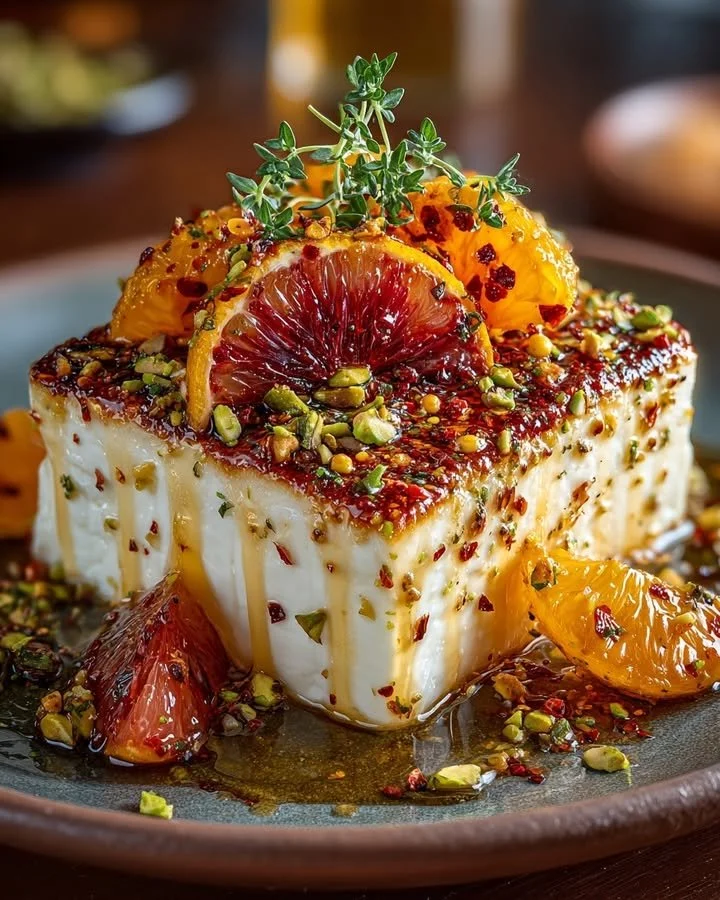 Baked Feta with Blood Orange, Pistachios & Hot Honey