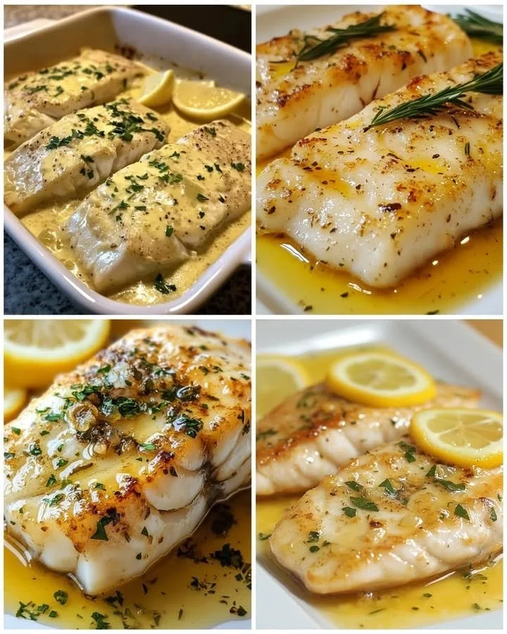 Baked fish fillet with lemon cream sauce garnished with herbs